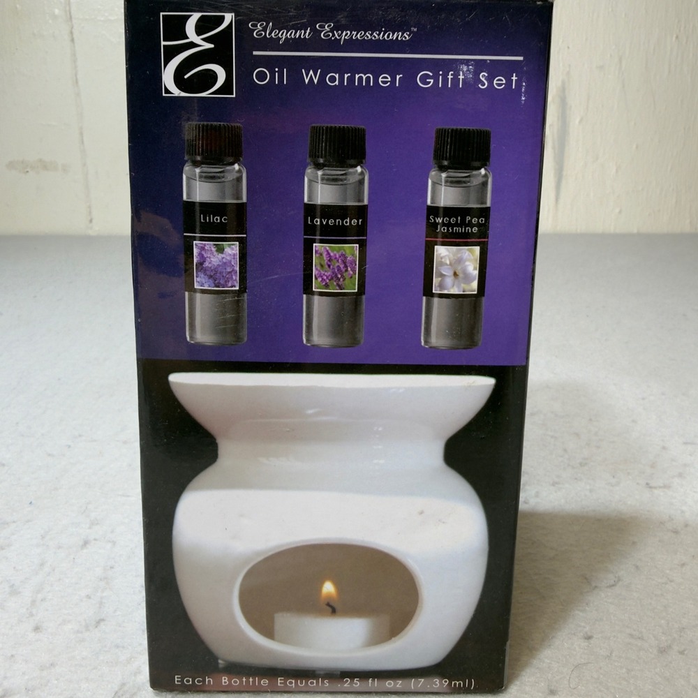 Elegant Expressions White Ceramic Tealight Oil Warmer Gift Set with 3 Floral Oil